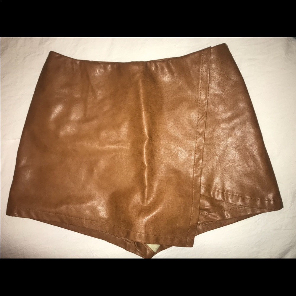 Asymmetric Brown Leather Skort
